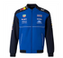 Blue Team-Inspired Bomber Jacket with royal blue front, navy sleeves, racing logos, full zip, and contrast piping pockets.
