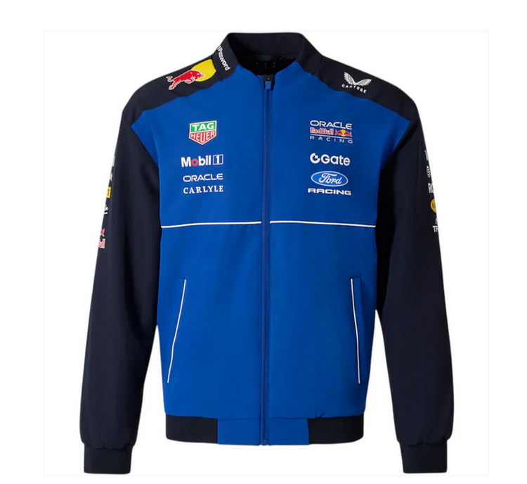 Blue Team-Inspired Bomber Jacket with royal blue front, navy sleeves, racing logos, full zip, and contrast piping pockets.
