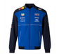 Blue Team-Inspired Bomber Jacket with royal blue front, navy sleeves, racing logos, full zip, and contrast piping pockets.