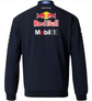 Back view of a blue and navy motorsport-inspired bomber jacket