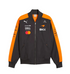 Front view of a black and orange motorsport-inspired bomber jacket