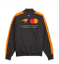 Back view of a black bomber jacket with orange sleeve panels