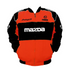 Front view of a red and black vintage-inspired racing performance jacket