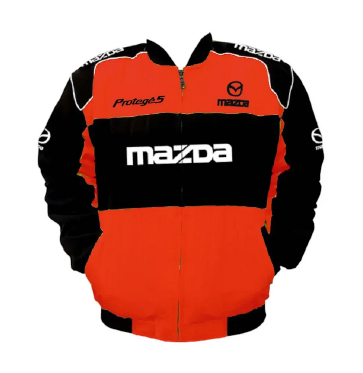 Front view of a red and black vintage-inspired racing performance jacket