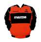 Front view of a red and black vintage-inspired racing performance jacket