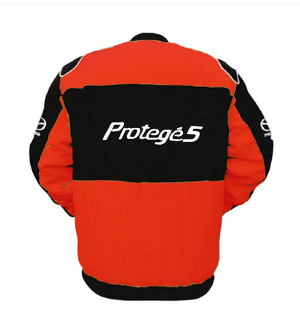 Back view of a red and black vintage-inspired racing jacket
