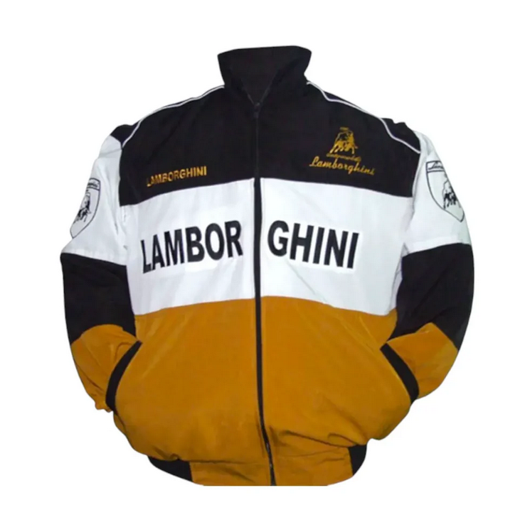 Front view of a black, white and gold vintage-inspired racing bomber jacket