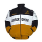 Front view of a black, white and gold vintage-inspired racing bomber jacket