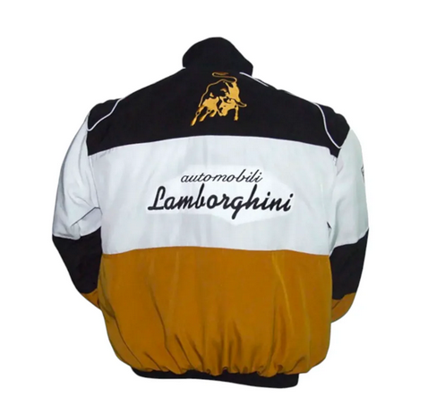 Back view of a black, white and gold vintage-inspired racing jacket