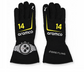 Black racing-style gloves with yellow number 14 on the backs