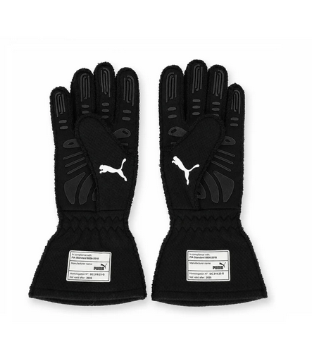 Palm sides of black racing-style gloves with textured finger sections