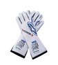 Pair of white racing-style gloves with blue outlines and extended cuffs