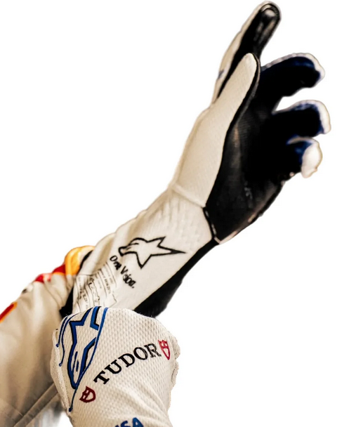 Palm side of white and blue racing-style gloves worn on hands