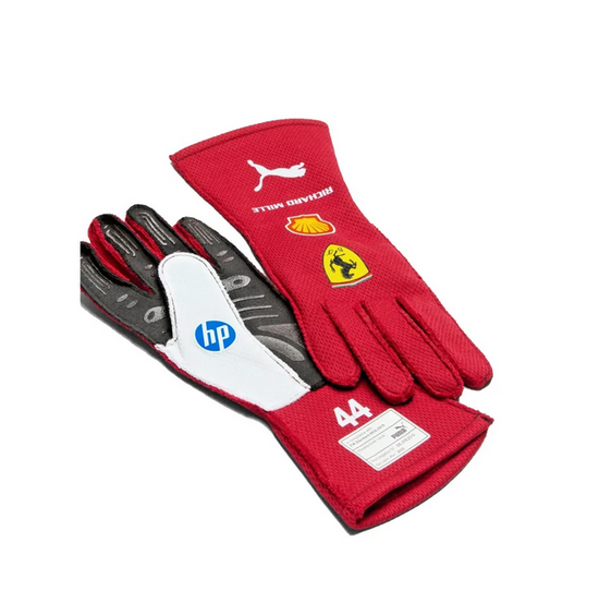 Red racing-style glove backs and black-and-white palm sides