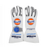Back of white racing-style gloves with black trim and circular graphics