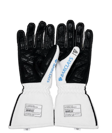 Palm side of white racing-style gloves with black grip details