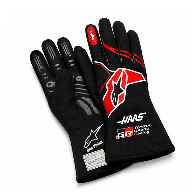 Back and palm views of black racing-style gloves with red and white graphics