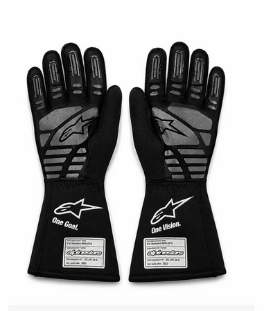 Palm side of a pair of black racing-style gloves with contrasting grip details