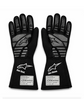 Palm side of a pair of black racing-style gloves with contrasting grip details
