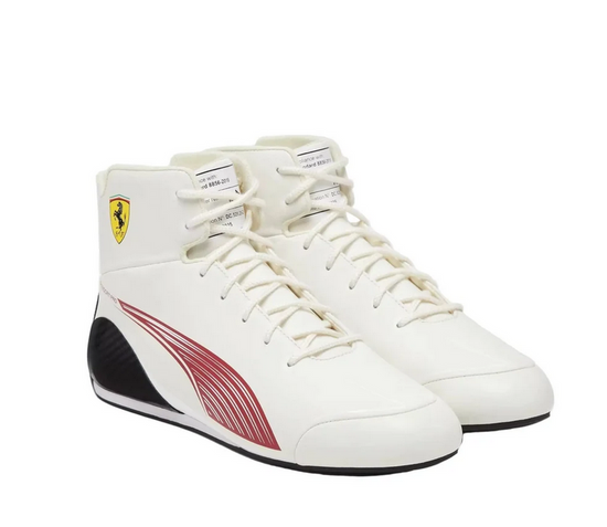 Pair of white high-top racing-style shoes with red lines