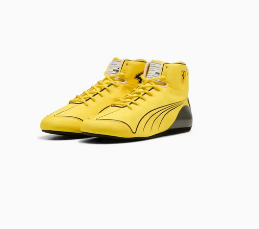 Pair of yellow high-top racing-style shoes shown from the front