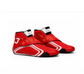 Pair of red high-top racing-style shoes with white stripes