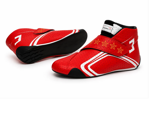 Red racing-style shoes shown from side and sole views