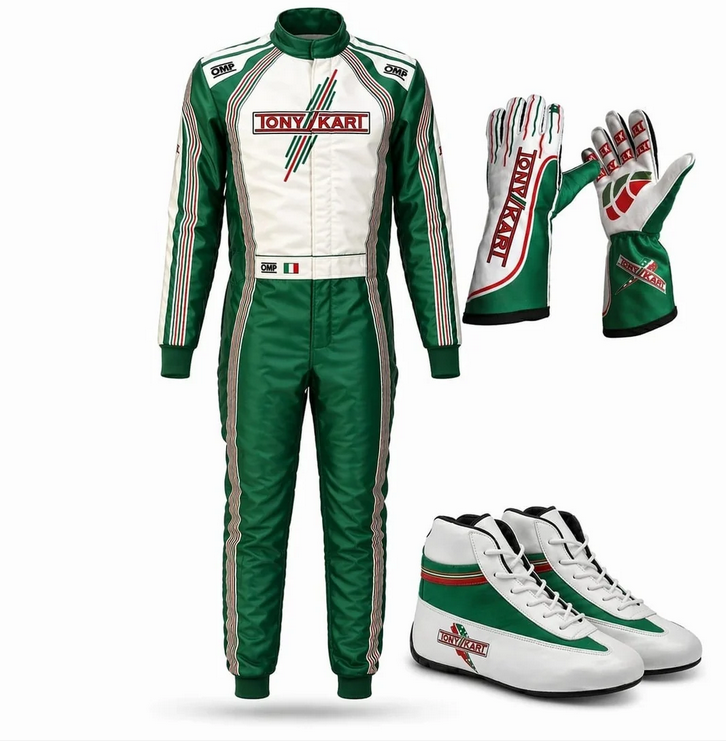Green and white kart racing suit, gloves and shoes pictured as a set