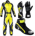 Yellow and black kart racing suit, gloves and shoes pictured as a set