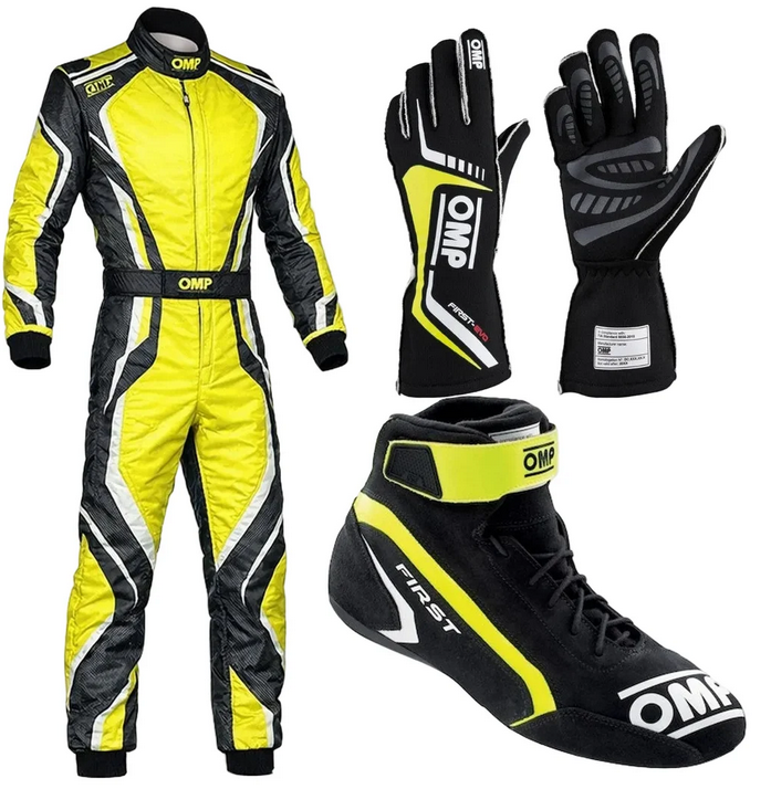 Yellow and black kart racing suit, gloves and shoes pictured as a set