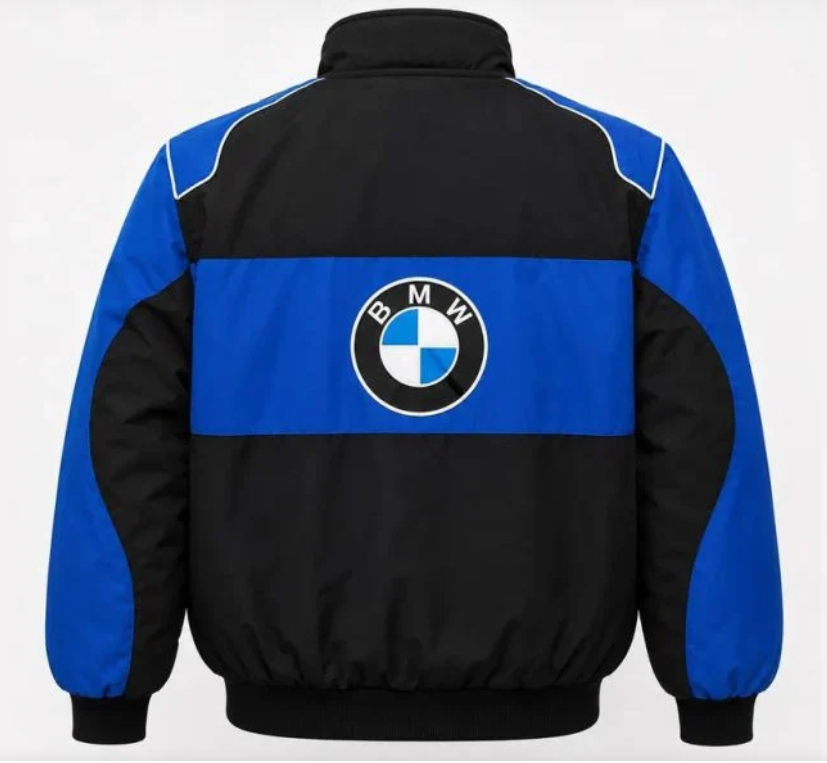 Back of blue and black racing-style jacket