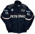 Front of navy racing-style jacket with graphic details