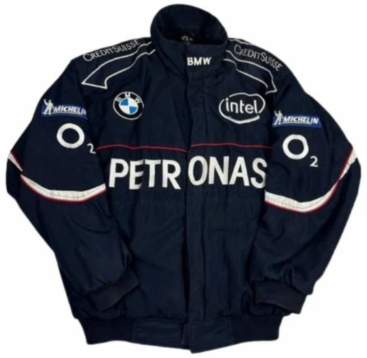 Front of navy racing-style jacket with graphic details