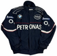 Front of navy racing-style jacket with graphic details