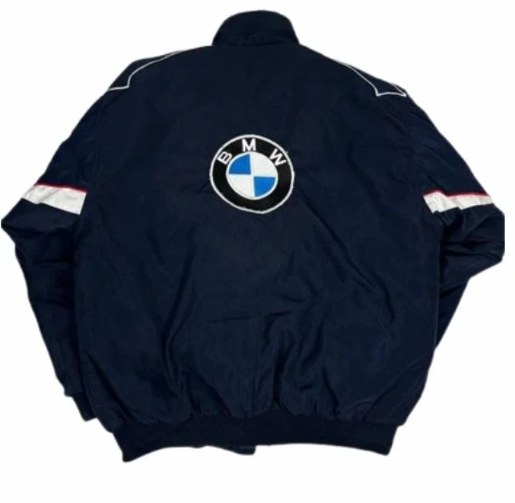 Back of navy racing-style jacket with circular graphic