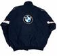 Back of navy racing-style jacket with circular graphic