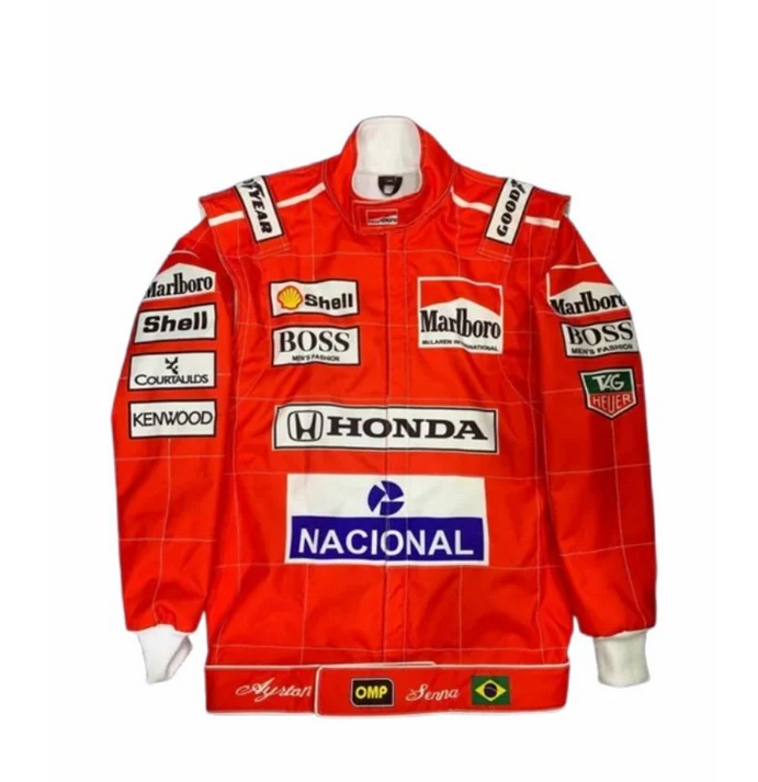 Model wearing a red racing-inspired jersey