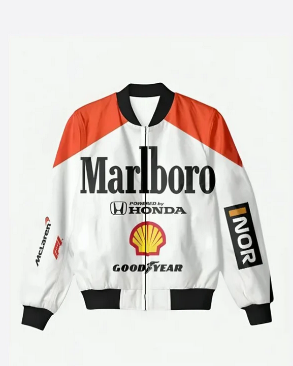 Model wearing a racing-inspired jacket