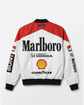 Model wearing a racing-inspired jacket, alternate view