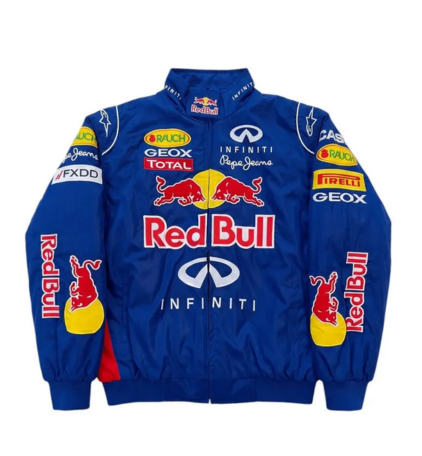 Front view of royal blue Red Bull racing-inspired jacket with Infiniti graphics