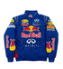 Front view of royal blue Red Bull racing-inspired jacket with Infiniti graphics