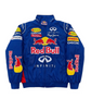 Front view of royal blue Red Bull racing-inspired jacket with Infiniti graphics