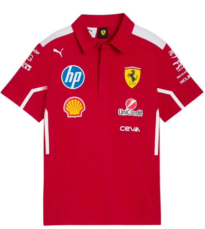Front view of red Ferrari polo with white shoulder accents and sponsor graphics