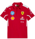 Front view of red Ferrari polo with white shoulder accents and sponsor graphics