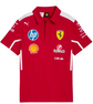 Front view of red Ferrari polo with white shoulder accents and sponsor graphics