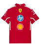 Back view of red Ferrari polo with Ferrari shield, HP and Shell graphics