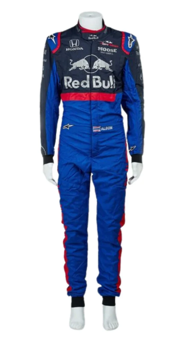 Front view of blue and red replica racing suit on a mannequin