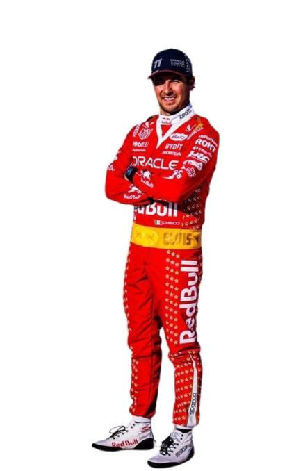 Design reference showing a red motorsport suit with white detailing and yellow waist accent