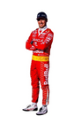 Design reference showing a red motorsport suit with white detailing and yellow waist accent