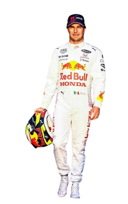 Design reference showing a white motorsport suit with red and yellow graphics